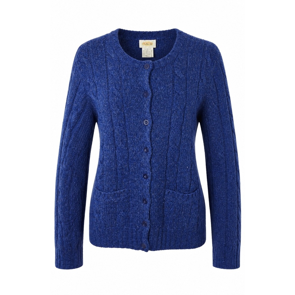 Talbots Womens Blue Wool Cable Knit Cardigan Sweater Button Front Crew Neck Med